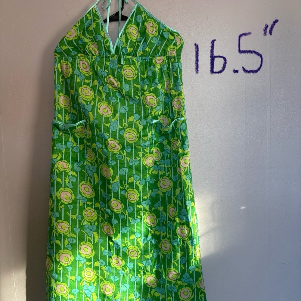 Johnny Martin Retro 60s Cotton Maxi Dress Floral Halter Neck Green Pocket Sz 3
